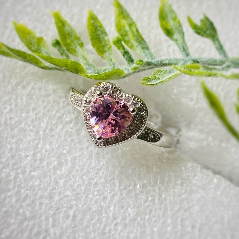 Sterling Silver Halo Pink Clear CZ Heart Ring 4
